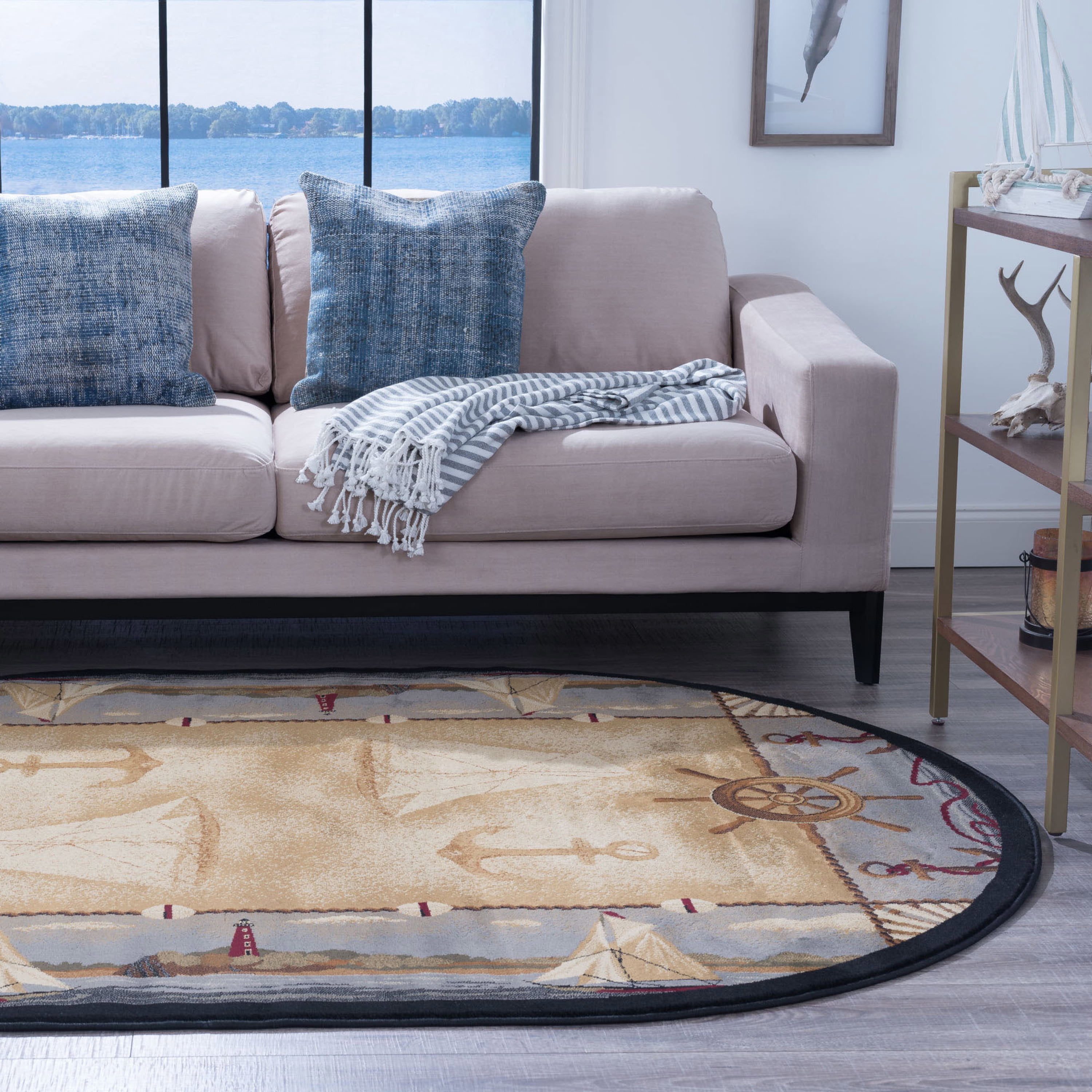Novelty Area Rug (3'11'' x 5'3'' Oval) Lodge Beige, Steel Blue Indoor Oval Easy to Clean