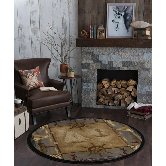 Novelty Area Rug (5'3'' Round) Lodge Beige, Steel Blue Indoor Round Easy to Clean