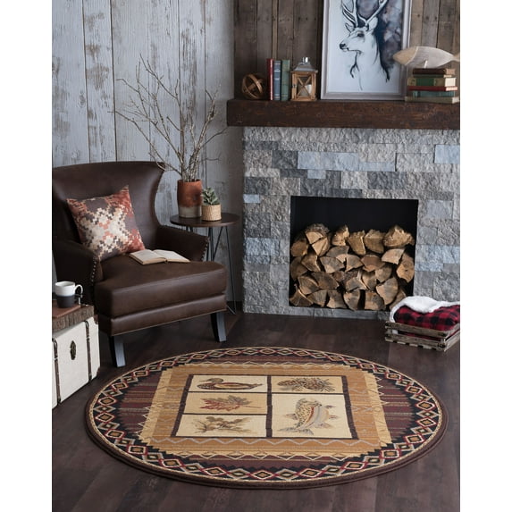 Novelty Area Rug (5'3'' Round) Lodge Brown, Beige Indoor Round Easy to Clean