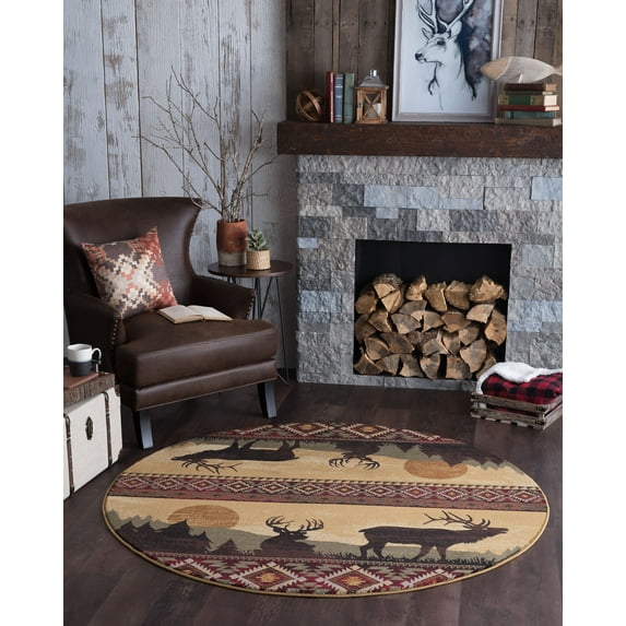 Novelty Area Rug (5'3'' Round) Lodge Red, Brown Indoor Round Easy to Clean