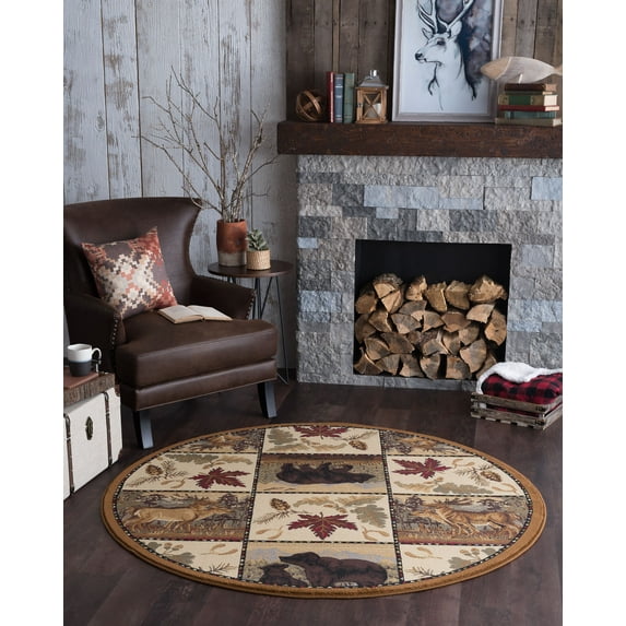 Novelty Area Rug (7'10'' Round) Lodge Beige, Crimson Indoor Round Easy to Clean