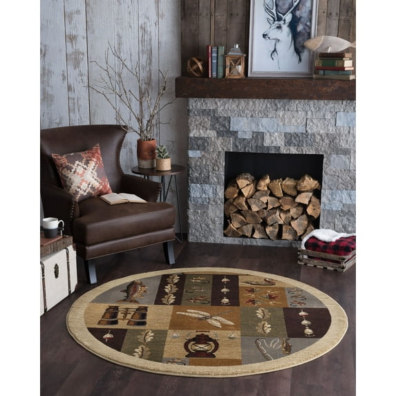 Novelty Area Rug (7'10'' Round) Lodge Beige, Green Indoor Round Easy to Clean