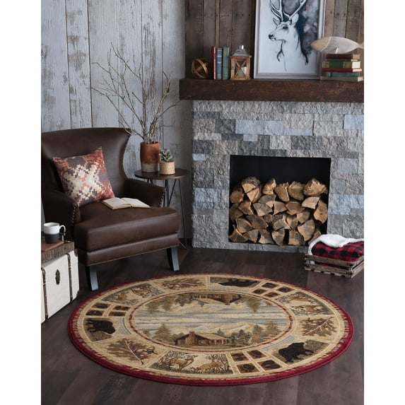 Novelty Area Rug (7'10'' Round) Lodge Red, Ivory Indoor Round Easy to Clean