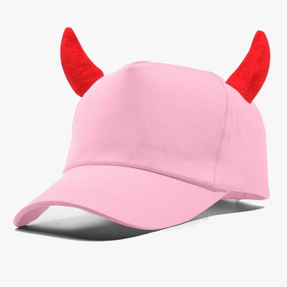 Novelty Baseball Cap with Devil Horns Funny Halloween, Plush Horned Cosplay Party Hat for Men Women Pink by Baberdicy