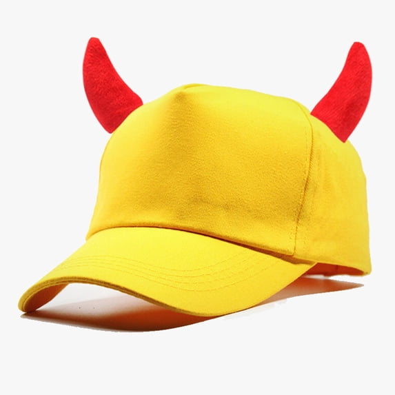 Novelty Baseball Cap with Devil Horns Funny Halloween, Plush Horned Cosplay Party Hat for Men Women Yellow by Baberdicy