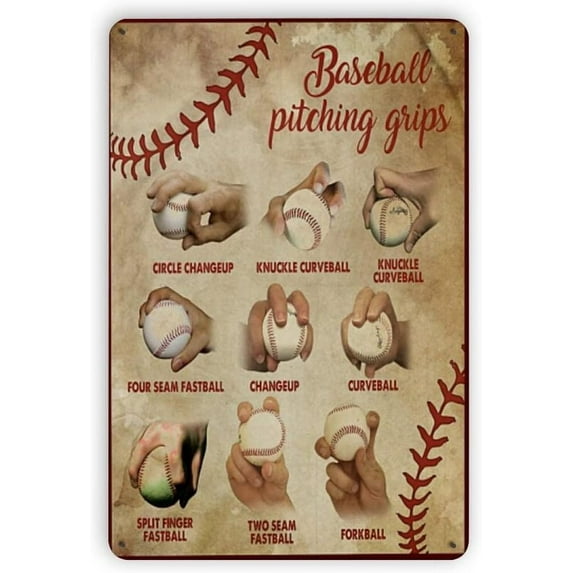 Novelty Baseball Pitching Grips And Baseball Skills Tin Signs Vintage Bar Cafe Garage Home Wall Decoration Baseball Sign Size: 8 x 12 Inches