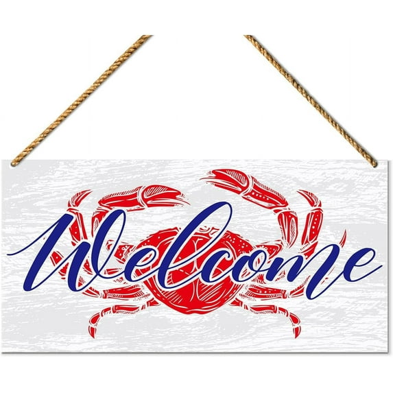 Novelty Beach Wood Sign Beach Crab Welcome Sign Decor for Beach House Home Front Door Back Porch Summer Patio Garden Backyard Hanging Sign Decorations 8x12 Inch