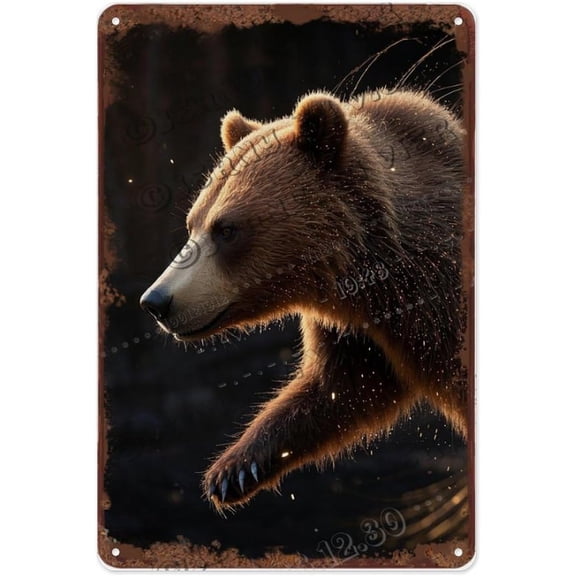 Novelty Bear Tin Sign, Black Background Vintage Rustic Wall Decor for Woodland Cabins, Bars or Camping Trailers, 8 x 12 Inch
