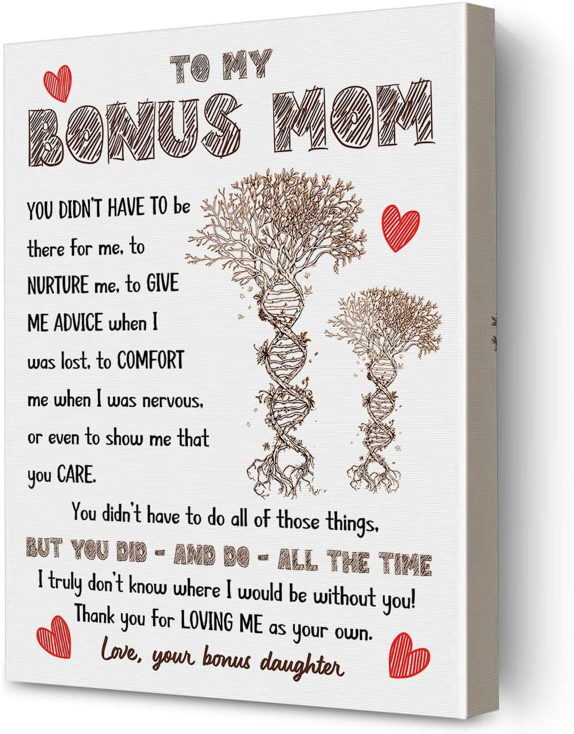 Novelty Bonus Mom Gift to My Bonus Mom Thank You for Loving Me Framed Canvas Wall Art, Mother's Day Print Paintings Poster, Perfect Wall Decor for Home Bedroom Artwork Gift 8x12 Inch