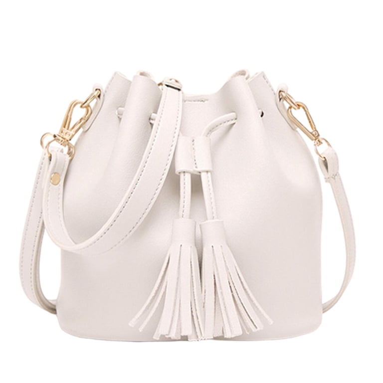 Elegant White Bucket Bag Chic White Leather Bucket Bag With Silver Chain Strap on Luulla main image 4