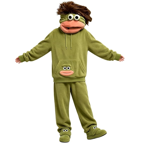 Novelty Cartoon Character Costume Set, Full Outfit with Oversized Head Mask, Hooded Top, Trousers and Foot Covers for Halloween Party, Themed Events and Stage Performance Dress‑up (Green XL)