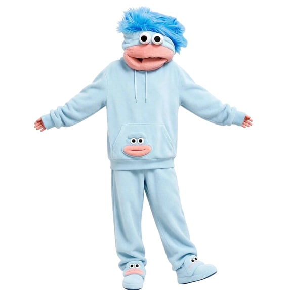 Novelty Cartoon Character Costume Set, Full Outfit with Oversized Head Mask, Hooded Top, Trousers and Foot Covers for Halloween Party, Themed Events and Stage Performance Dress‑up (Blue S)