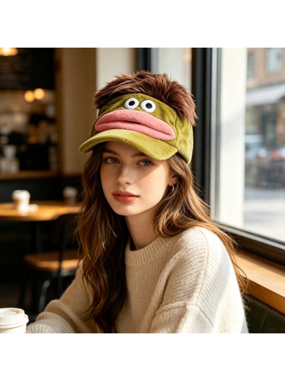 Novelty Cartoon Monster Baseball Cap Fuzzy Big Mouth and Googly Eyes Visor Hat Non-Adjustable Plush Character Headwear for Women and Teens Streetwear