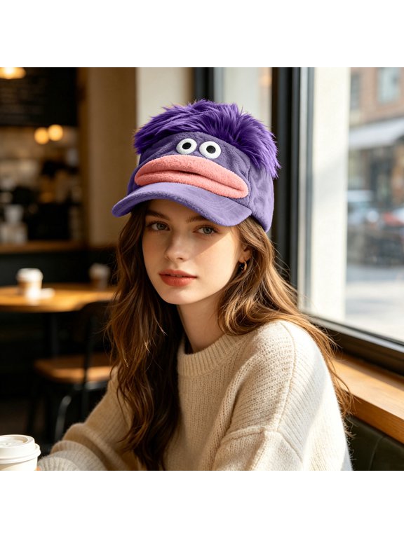 Novelty Cartoon Monster Baseball Cap Fuzzy Big Mouth and Googly Eyes Visor Hat Non-Adjustable Plush Character Headwear for Women and Teens Streetwear