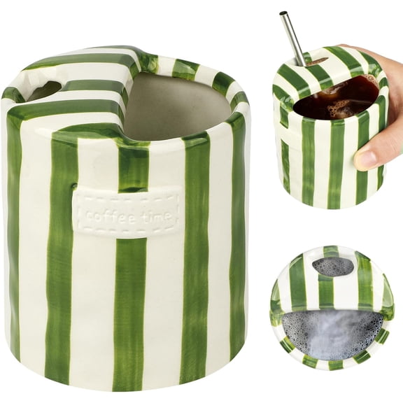 Novelty Ceramic Coffee Mug Designed to Look Like a Gift Box, 10oz Retro Hand-Painted Ceramic Travel Mug, Green & White Striped Design, Microwave & Dishwasher Safe, Perfect Present for Coffee Lovers