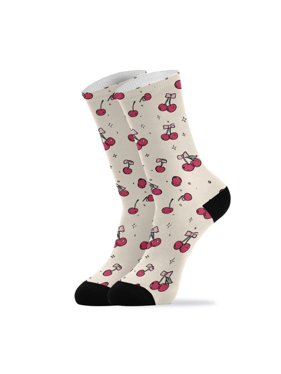 Novelty Cherry and Bow Crew Socks for Women Men Soft Stretchy Breathable Unisex Casual Socks One Size Funny Crazy Gift Socks