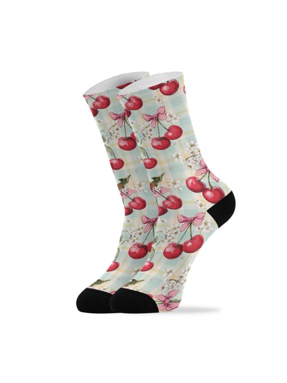 Novelty Cherry and Bow Crew Socks for Women Men Soft Stretchy Breathable Unisex Casual Socks One Size Funny Crazy Gift Socks