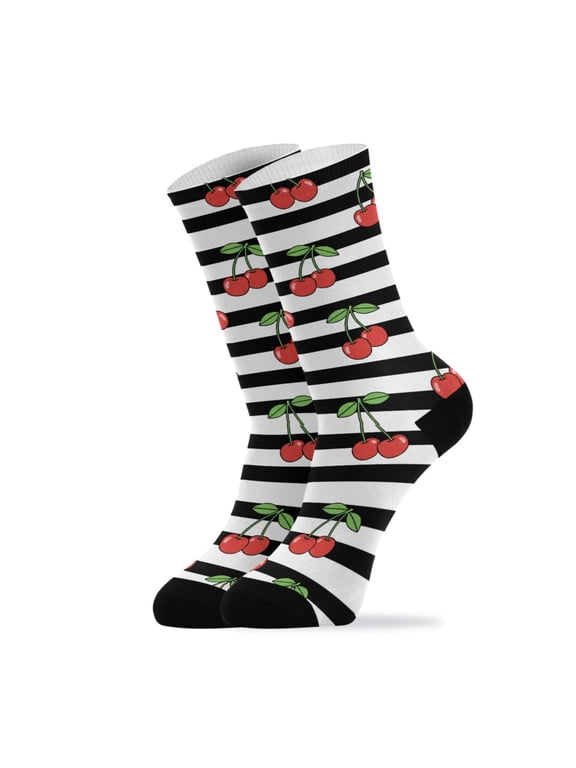 Novelty Cherry on Stripe Crew Socks for Women Men Soft Stretchy Breathable Unisex Casual Socks One Size Funny Crazy Gift Socks