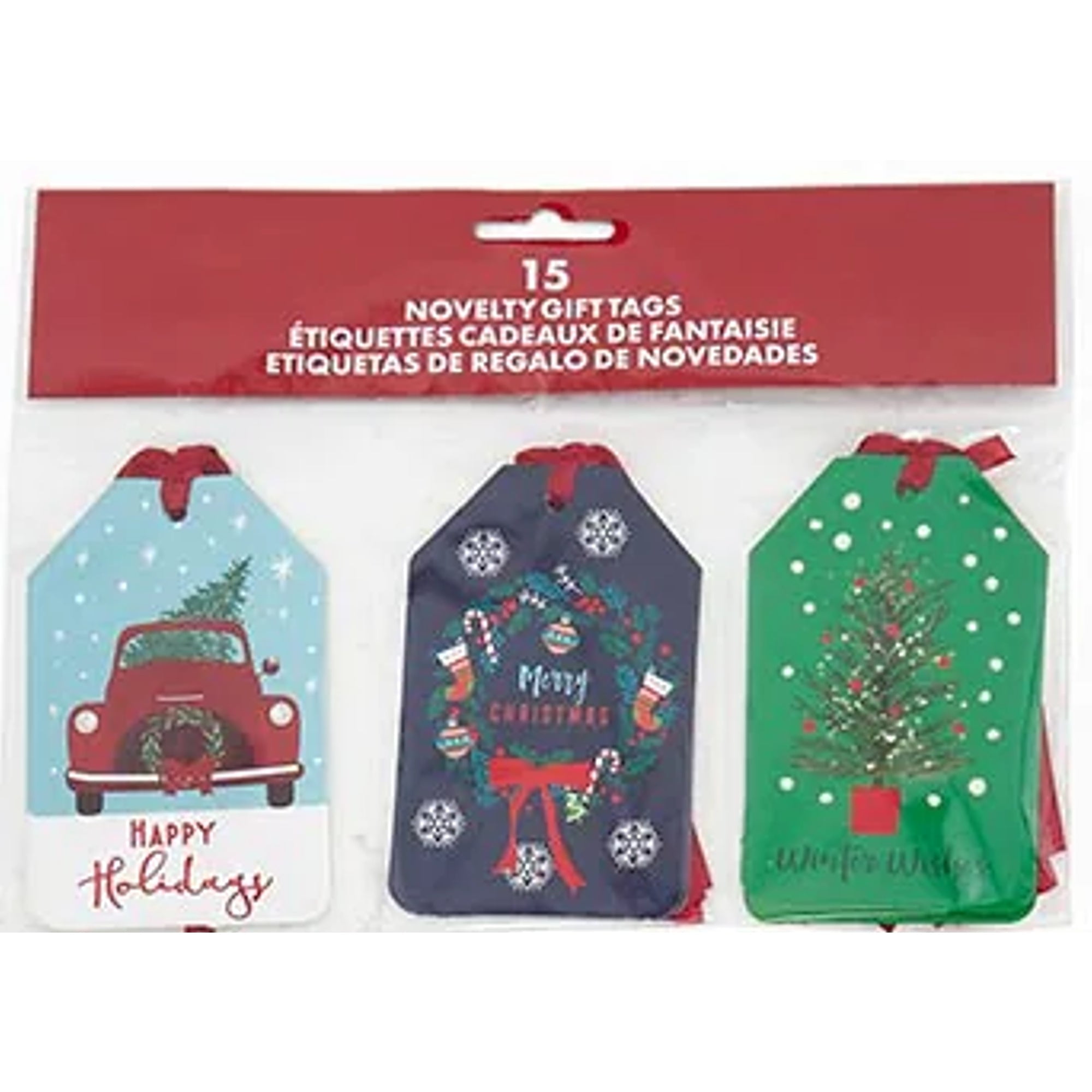 Novelty Christmas Gift Hang Tags With Red Ribbons - Car/Wreath/Tree Design - 15 Tags/Pack (98856407)