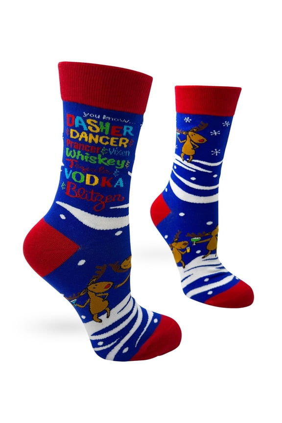 Novelty Christmas Socks with Rudolph Parody Lyrics, Reindeer Drinking Design