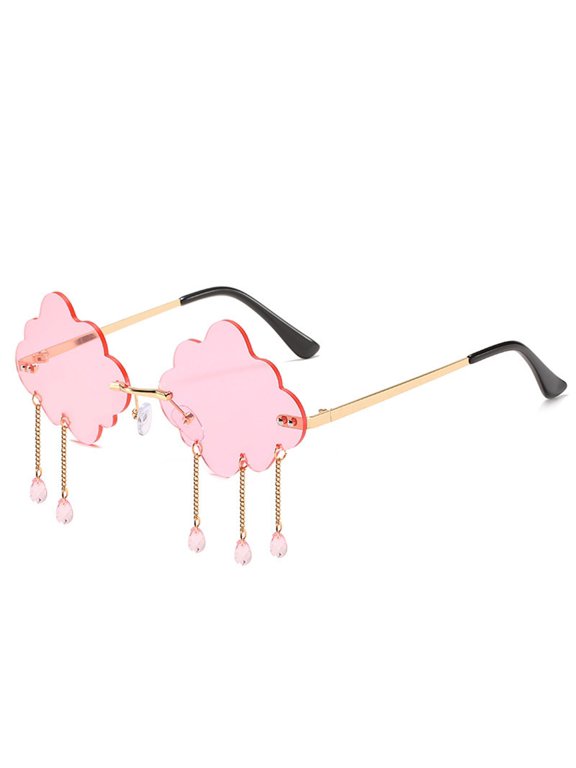 Novelty Cloud Shape Sunglasses for Women Men, Rimless Lightweight Metal Frame Eyewear with Hanging Chain Decor, Fun Irregular Sun Glasses for Party Festival Pink
