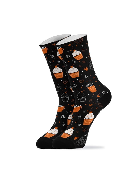 Novelty Coffee Cup Cake Crew Socks for Women Men Soft Stretchy Breathable Unisex Casual Socks One Size Funny Crazy Gift Socks