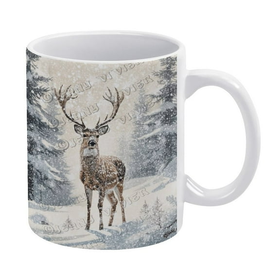 Novelty Coffee Mug - Winter Deer Coffee Cups Ceramic Coffee Mugs with Handle, Unique Latte Tea Cup for Office and Home, Gifts for Men and Women - 330 ml / 11 oz White Ceramic Mug