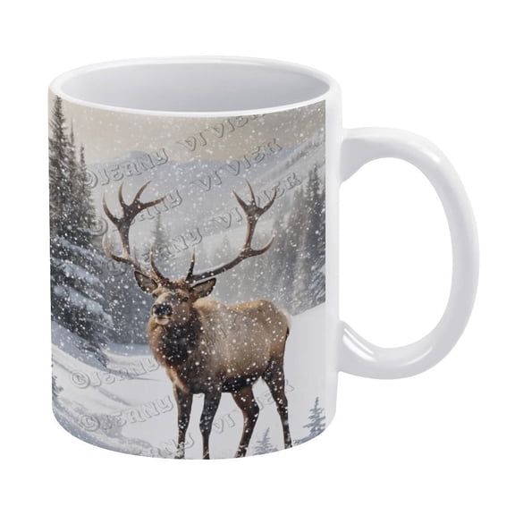Novelty Coffee Mug - Winter Moose Coffee Ceramic Mug Porcelain Latte Tea Cup - 330 ml / 11 oz White Ceramic Mug