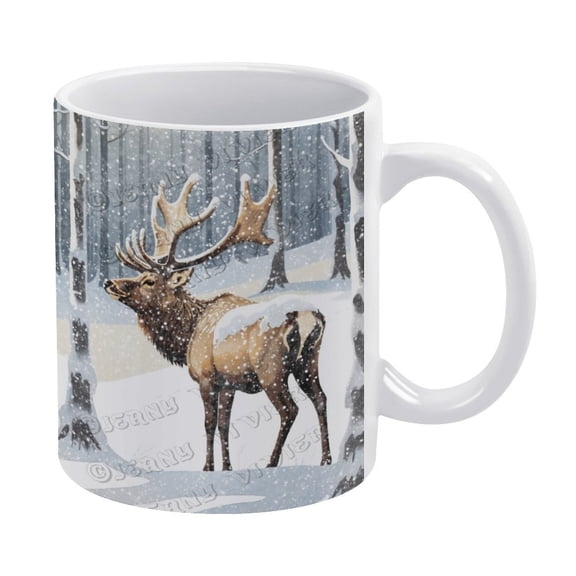 Novelty Coffee Mug - Winter Moose Mug - 330 ml / 11 oz White Ceramic Cup
