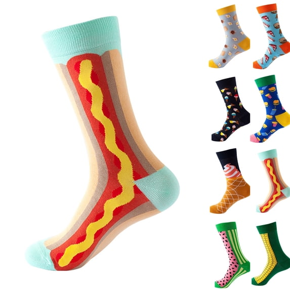 Novelty Colorful Food Pattern Crew Socks, Fun Cartoon Printed Fashion Mid Calf Socks for Men Women Daily Matching G