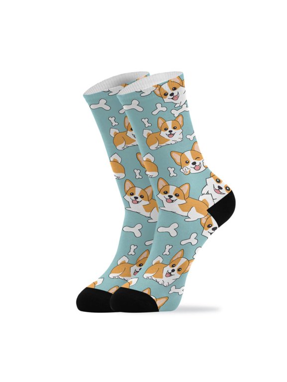 Novelty Corgi Puppy White Bones Crew Socks for Women Men Soft Stretchy Breathable Unisex Casual Socks One Size Funny Crazy Gift Socks