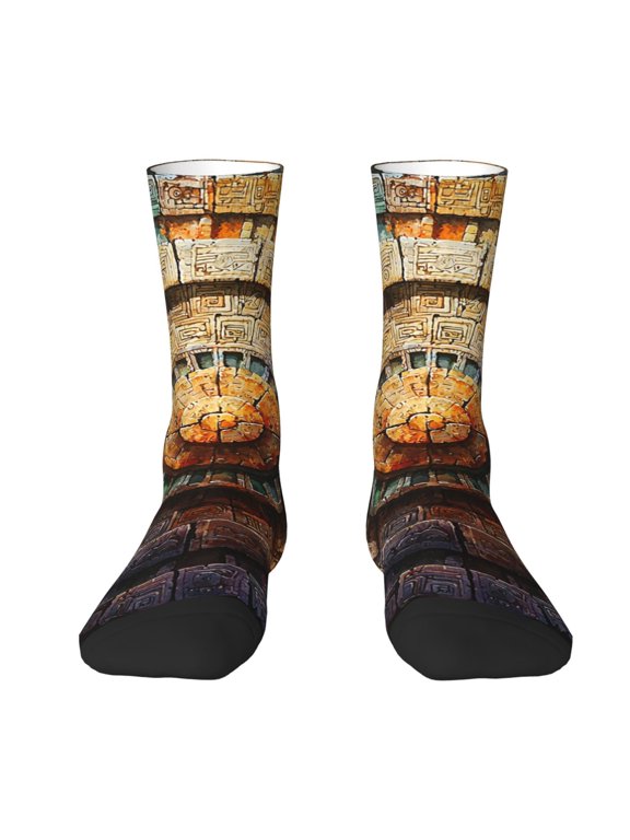 Novelty Crew Socks Crazy Unisex Dress Socks Funny Fun Gifts , Aztec Calendar Mayan Watercolor