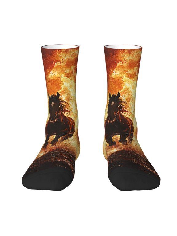 Novelty Crew Socks Crazy Unisex Dress Socks Funny Fun Gifts , Horses Fire Flame Burning