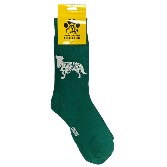 Novelty Crew Socks with Silhouette Australian Shepherd Dog Print, One Size Fits Most Women, Men, Funny, Cute Gift Idea for Dog Lovers, Comfortable, Stylish, Perfect for Daily Wear, Green