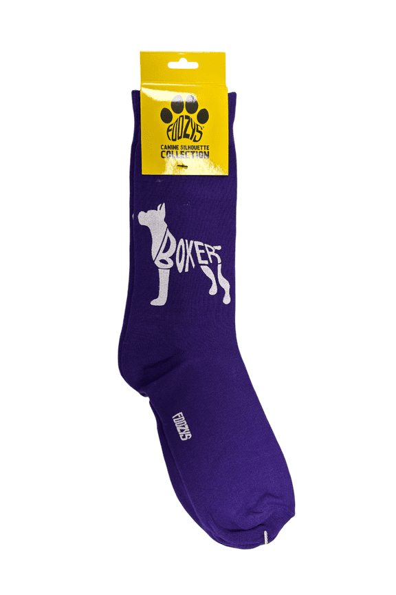 Novelty Crew Socks with Silhouette Boxer Dog Print, One Size Fits Most Women, Men, Funny, Cute Gift Idea for Dog Lovers, Comfortable, Stylish, Perfect for Daily Wear, Purple