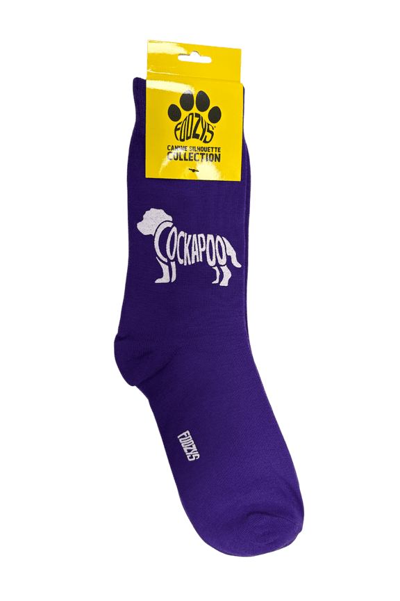 Novelty Crew Socks with Silhouette Cockapoo Dog Print, One Size Fits Most Women, Men, Funny, Cute Gift Idea for Dog Lovers, Comfortable, Stylish, Perfect for Daily Wear, Purple
