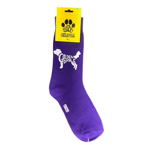 Novelty Crew Socks with Silhouette Golden Doodle Dog Print, One Size Fits Most Women, Men, Funny, Cute Gift Idea for Dog Lovers, Comfortable, Stylish, Perfect for Daily Wear, Purple