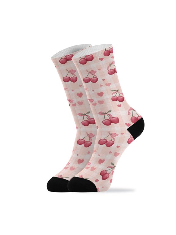Novelty Cute Pink Cherries with Bows Crew Socks for Women Men Soft Stretchy Breathable Unisex Casual Socks One Size Funny Crazy Gift Socks