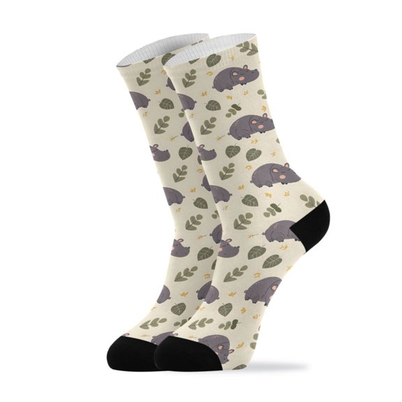 Novelty Cute Sleepy Hippo Vector Pattern in Flat Style Crew Socks for Women Men Soft Stretchy Breathable Unisex Casual Socks One Size Funny Crazy Gift Socks