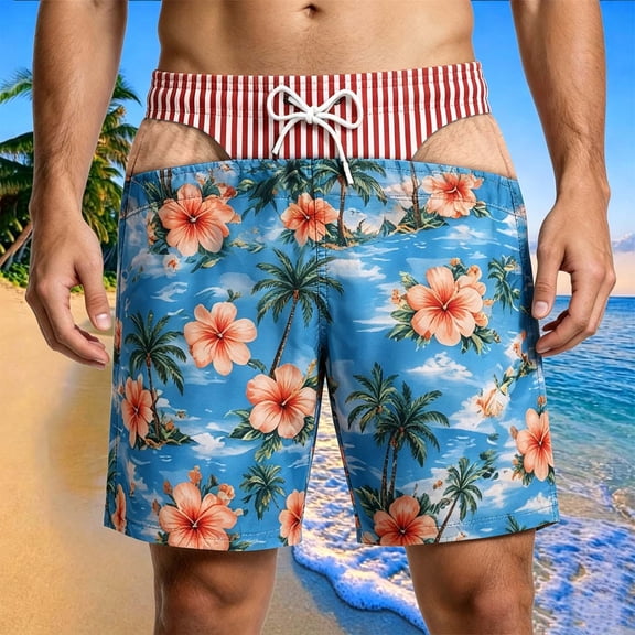 Novelty Cutout Funny Swim Trunks Men US Flag Print Drawstring Quick Dry Beach Board Shorts