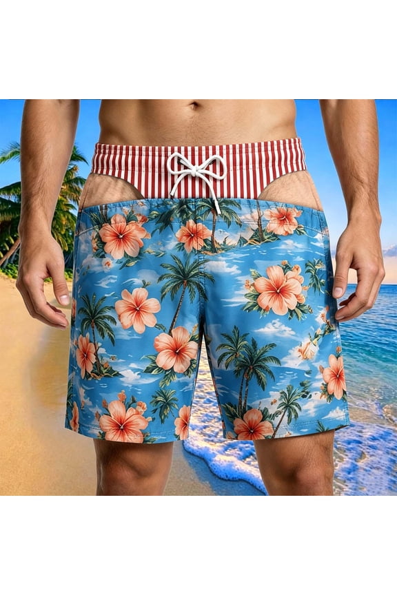 Novelty Cutout Funny Swim Trunks Men US Flag Print Drawstring Quick Dry Beach Board Shorts