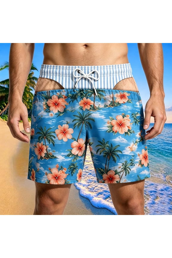 Novelty Cutout Funny Swim Trunks Men US Flag Print Drawstring Quick Dry Beach Board Shorts