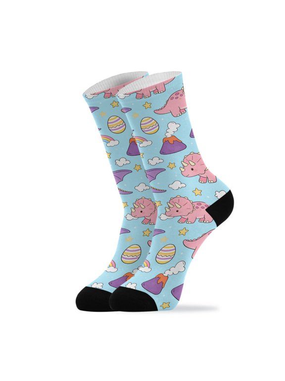 Novelty Dinosaur Rainbow Easter Eggs Crew Socks for Women Men Soft Stretchy Breathable Unisex Casual Socks One Size Funny Crazy Gift Socks