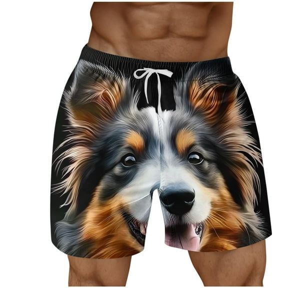 Novelty Dog Printed Beach Shorts for Men Plus Size Casual Summer Resort Attire Tropical Quick Dry Drawstring Hawaiian Shorts