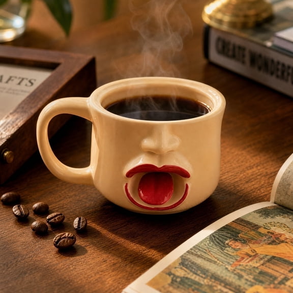 Novelty Drinkware, 3D Tongue Design Face Mug, Red Lips Quirky Mug, Beige Cup with Coffee Mug with Handle, 3.5X2.75 Inch Handcrafted Ceramic Coffee Mug for Daily Home and Office