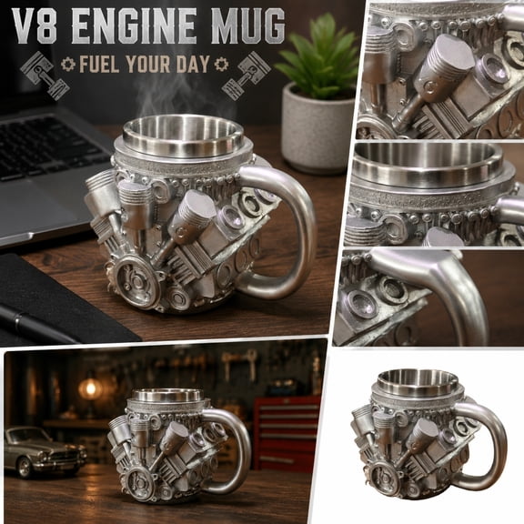 Novelty Drinkware, Christmas Gift, Automotive Enthusiast Gift, Stainless Coffee Mug, Intricate Engine Piston and Cylinder Design with Sculpted Surface, 5X4.5X4.5 in Mechanical