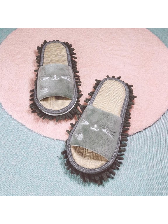 Novelty Dust Mop Slippers Washable Women House Dusting Slippers House Shoes Floor Cleaning Tool for Bathroom Living Room Kitchen Indoor Gray