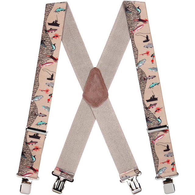 Novelty Fisherman Design Suspenders 2Inch Wide Elastic XBack