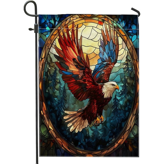 Novelty Forest Eagle Garden Flag 12x18 Inch Double Sided Country Stained Glass Hawks Standard Burlap Lawn Flag for Outdoor Lawn House and Garden Decor