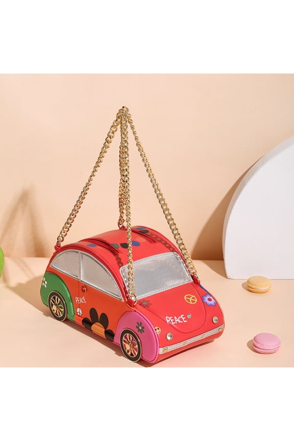 Novelty Funny Car Shaped Handbag for Women Cute PU Leather Purse Floral Printed Chain Strap Shoulder Bag